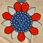 A circular decorative ornament or medallion with a red and white petal-like border surrounding a blue star-patterned center, shown against a light beige background.