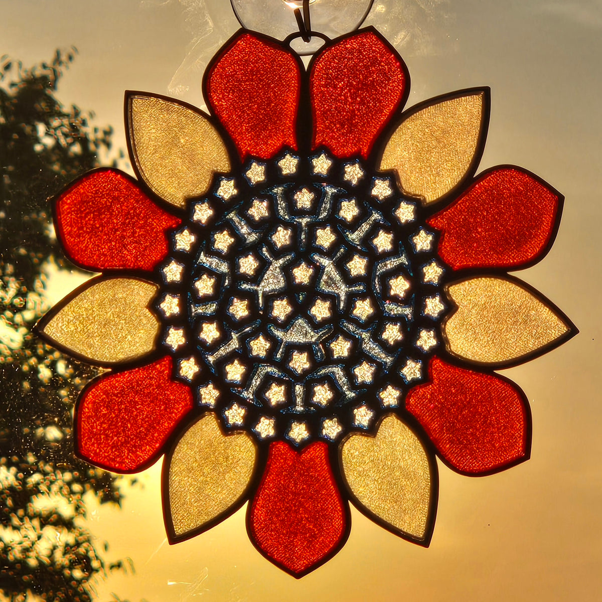 A 3D printed sunflower ornament hanging in warm backlighting, with red and gold glass petals, a dark center, and small star-shaped details.