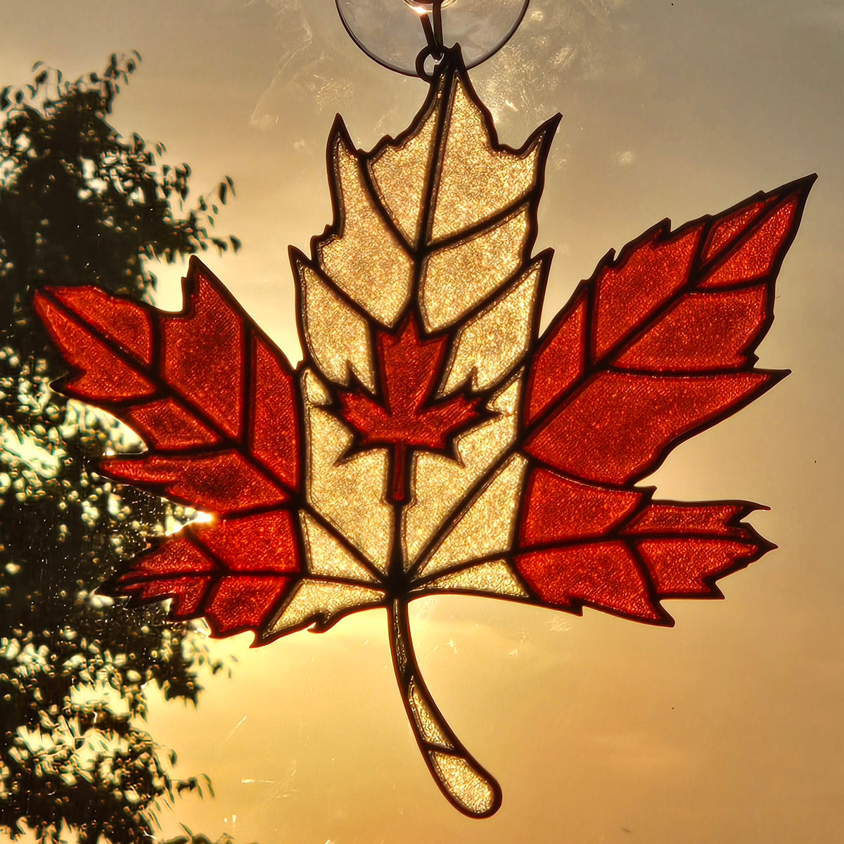 A 3D printed Canadian maple leaf ornament hanging in front of a warm sunset sky, with tree silhouettes visible on the left.