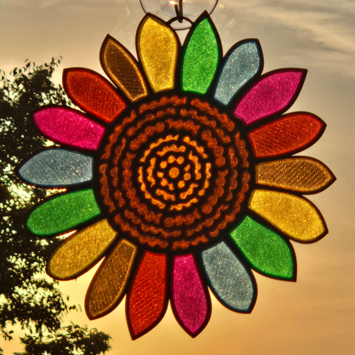 A colorful 3D printed sunflower decoration hanging in front of a warm sunset sky, with tree silhouettes visible on the left.